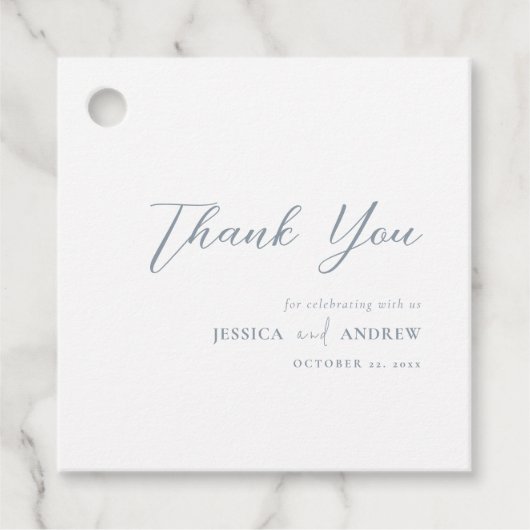 Minimalistisch stoffig blauw & Wit Eenvoudig Bruil Bedankjes Labels (Voorkant)