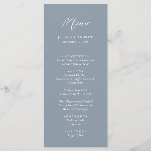 Minimalistisch stoffig blauw & Wit Eenvoudig Bruil Menu (Voorkant)