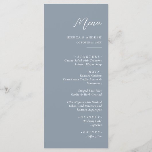Minimalistisch stoffig blauw & Wit Eenvoudig Bruil Menu (Voorkant)