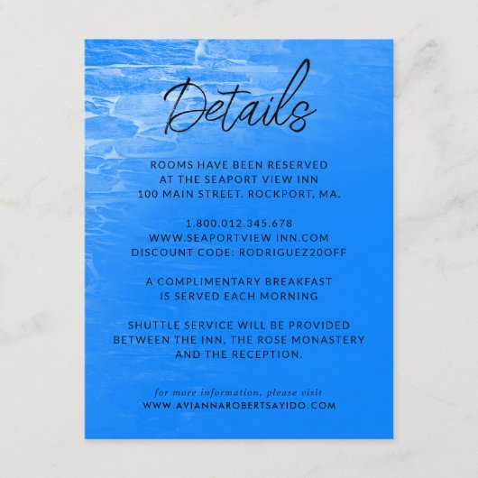 Minimalistisch strand Azure Blue Wedding Details Informatiekaartje (Voorkant)