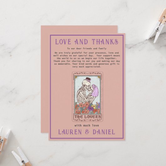 Minimalistisch tarot skelet paar dank u kaart (Voorkant / Achterkant in situ)