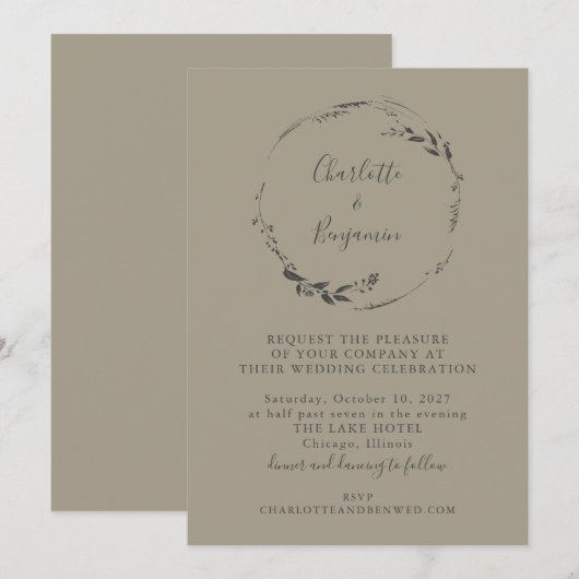 Minimalistisch Taupe Grey Floral Wreath Script Wed Kaart (Voorkant / Achterkant)