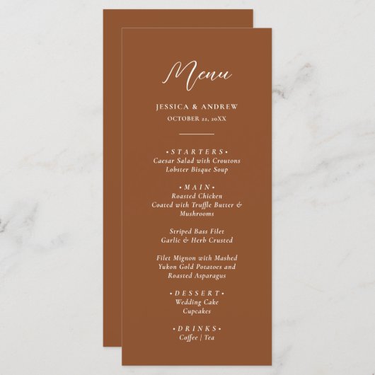 Minimalistisch Terra Cotta & Wit Eenvoudig Bruilof Menu (Voorkant / Achterkant)