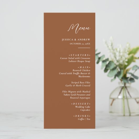 Minimalistisch Terra Cotta & Wit Eenvoudig Bruilof Menu (Staand voorkant)