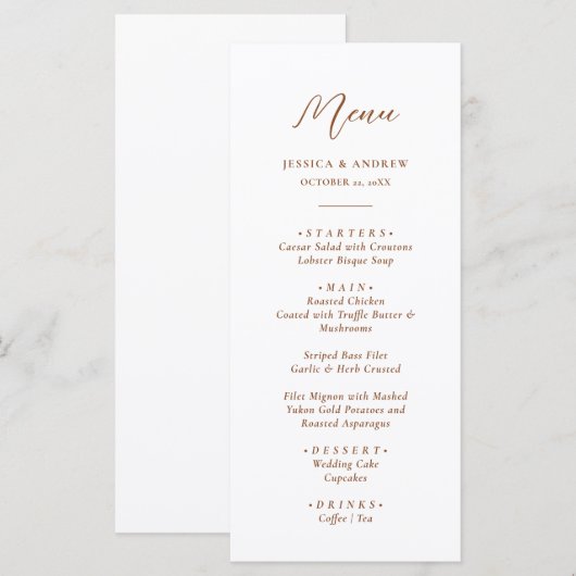 Minimalistisch Terra Cotta & Wit Eenvoudig Bruilof Menu (Voorkant / Achterkant)