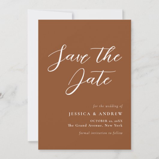 Minimalistisch Terra Cotta & Wit Eenvoudig Bruilof Save The Date (Voorkant)