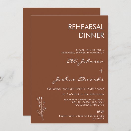 Minimalistisch terracotta Bohemian Rehearsal Dinne Kaart (Voorkant / Achterkant)