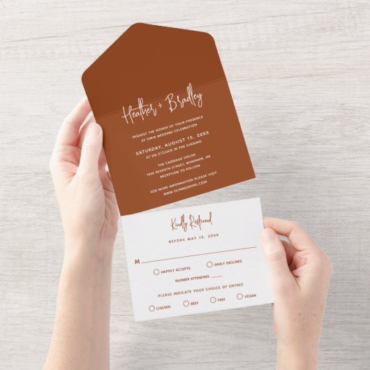 Minimalistisch Terracotta Modern Wedding All In One Uitnodiging (Afscheurbaar)