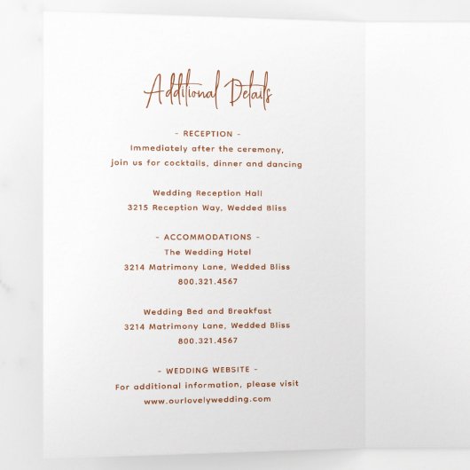 Minimalistisch Terracotta Modern Wedding Drieluik Uitnodiging (Binnenzijde eerst)