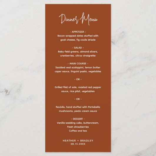 Minimalistisch Terracotta Modern Wedding Menu (Voorkant)