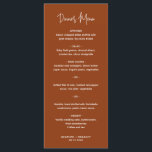 Minimalistisch Terracotta Modern Wedding Menu<br><div class="desc">Modern boho terracotta / koper trouwmenu met een eenvoudig ontwerp met de kopbal in een elegante manuscripttypografie en uw menu in een minimalistische sans serif doopvont. Dit chic bruiloft-menu werkt goed met elke trouwstijl.</div>