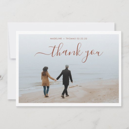 Minimalistisch Terracotta Script met 2 foto bruilo Bedankkaart (Voorkant)