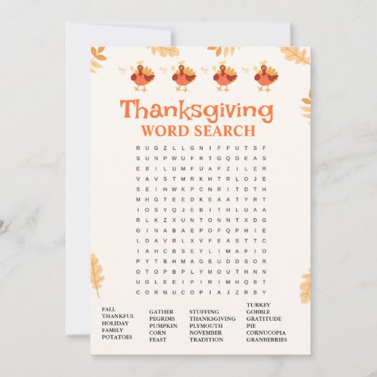 Minimalistisch Thanksgiving woord Zoek spel kaart (Voorkant)
