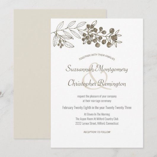 Minimalistisch topgrens Berry Leaf Wedding Kaart (Voorkant / Achterkant)