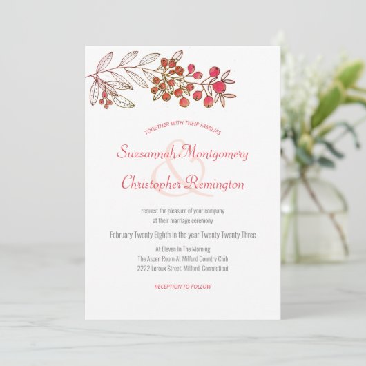 Minimalistisch topgrens Berry Leaf Wedding Kaart (Staand voorkant)