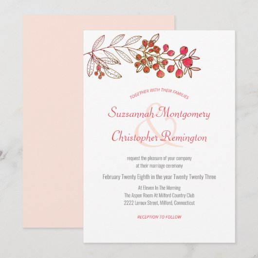 Minimalistisch topgrens Berry Leaf Wedding Kaart (Voorkant / Achterkant)