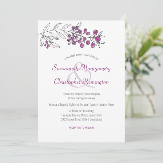 Minimalistisch topgrens Berry Leaf Wedding Kaart (Staand voorkant)
