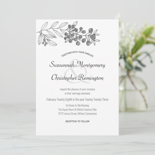 Minimalistisch topgrens Berry Leaf Wedding Kaart (Staand voorkant)