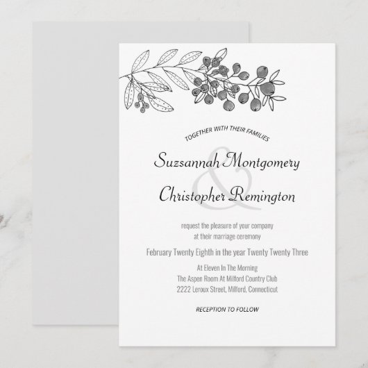 Minimalistisch topgrens Berry Leaf Wedding Kaart (Voorkant / Achterkant)
