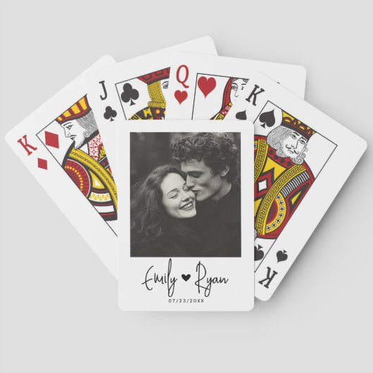 Minimalistisch Trendy Script Paar Foto Hart Aangep Pokerkaarten (Achterkant)