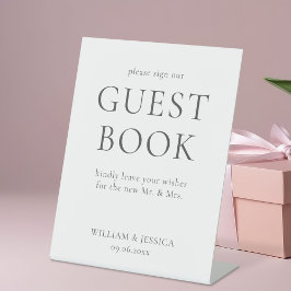 Minimalistisch trouwgastenboek reclamebord met voetstuk