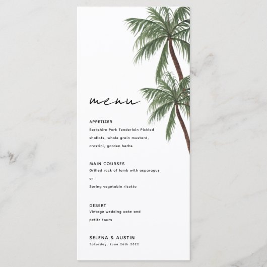 Minimalistisch trouwmenu van palmbomen menu (Voorkant)