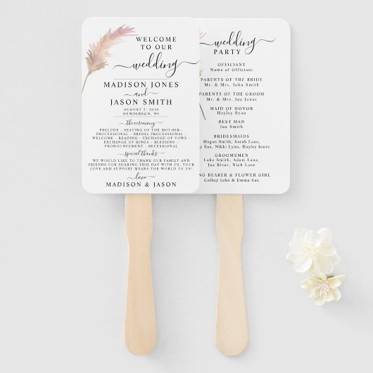 Minimalistisch Trouwprogramma met Blush Pampas Gra Handwaaier (Voorkant en achterkant)