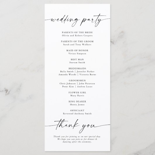 Minimalistisch trouwprogramma programmakaart (Achterkant)