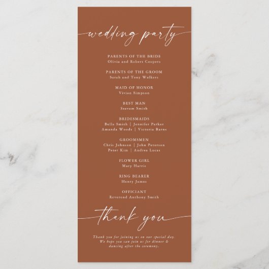 Minimalistisch trouwprogramma programmakaart (Achterkant)