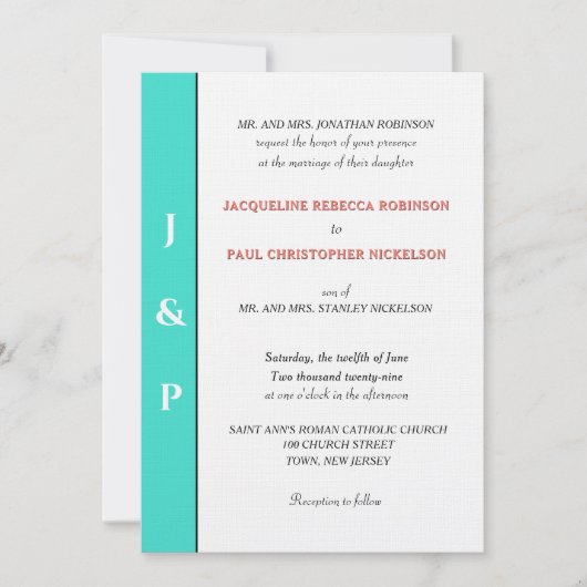 Minimalistisch turquoise koraalmonogram kaart (Voorkant)