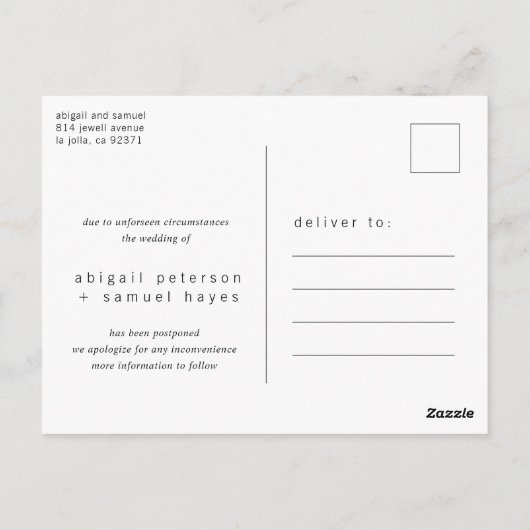 Minimalistisch uitstel van zwart en wit huwelijk briefkaart (Achterkant)