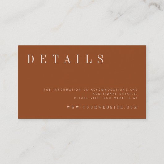 Minimalistisch verbrand Oranje bruiloft — details Informatiekaartje (Voorkant)