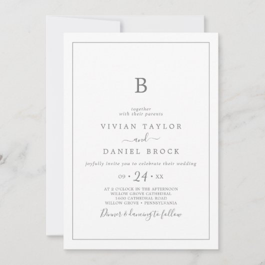 Minimalistisch verzoek om een Silver Monogram Wedd Kaart (Voorkant)