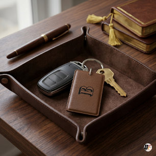 Minimalistisch Vet Monogram Initiaal B Bruin Leer Sleutelhanger