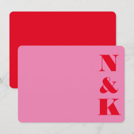 Minimalistisch Vet Monogram Roze en Rode Bruiloft  Notitiekaartje