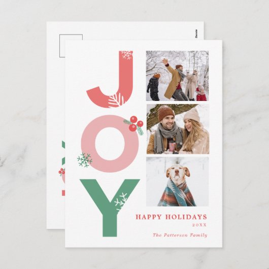 Minimalistisch vet script Joy 3 foto collage famil Feestdagenkaart (Voorkant / Achterkant)