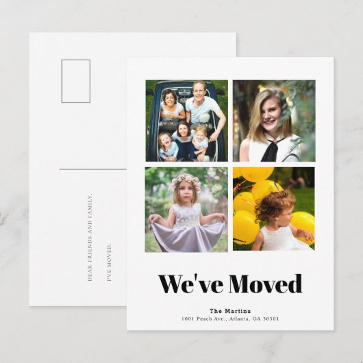 Minimalistisch vierkant 4 Fotocollage Wit Bewegen Aankondigingskaart (Voorkant / Achterkant)