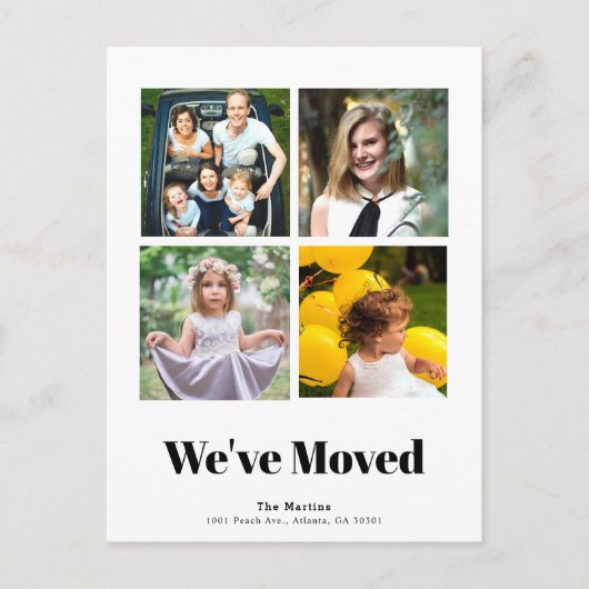 Minimalistisch vierkant 4 Fotocollage Wit Bewegen Aankondigingskaart (Voorkant)