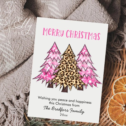 Minimalistisch voor kerstbomen met Glam Pink Leopa Feestdagenkaart