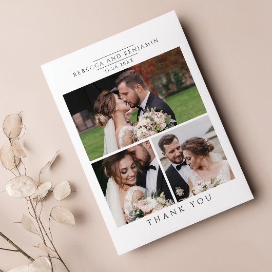 Minimalistisch voor moderne bruiloft foto-collage bedankkaart