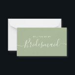 Minimalistisch voorstel van Sage Green Bridesmaid Notitiekaartje<br><div class="desc">Minimalistisch modern Sage Green Calligraphy Bridesmaid Voorstel. Bridal party voorstel card en uitnodiging. Kenmerkt trendy en stijlvolle manuscriptdoopvont en pastelgroene kleur.</div>