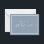 Minimalistisch voorstel voor een blauwe bruidsscha notitiekaartje<br><div class="desc">Minimalistisch modern blauw droesblauw calligrafiegelvoorstel. Bridal party voorstel card en uitnodiging. Biedt trendy en stijlvolle scriptlettertypen en stoffige blauwe pastelkleur.</div>