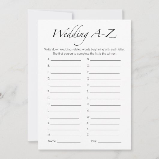 Minimalistisch Vrijgezellenfeest bruiloft A-Z spel Kaart (Voorkant)