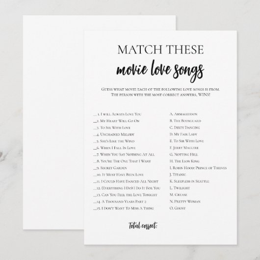 Minimalistisch Vrijgezellenfeest Film Love Song Ma Kaart (Voorkant / Achterkant)