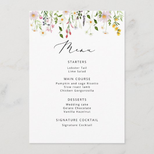 Minimalistisch vrijgezellenfeest van wilde bloemen menu (Voorkant)