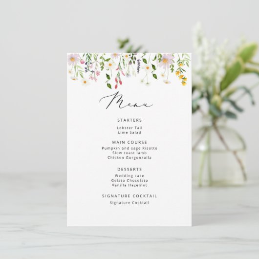 Minimalistisch vrijgezellenfeest van wilde bloemen menu (Staand voorkant)
