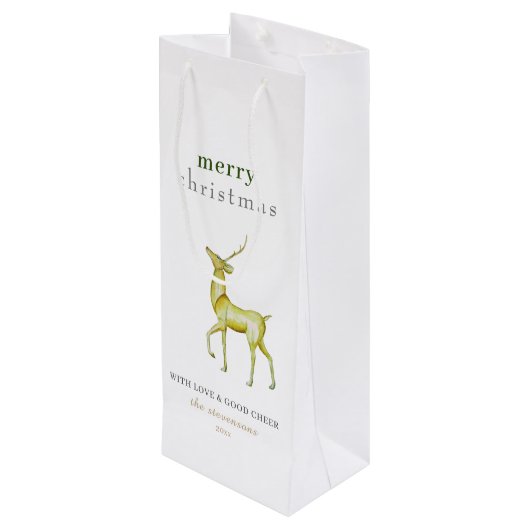 Minimalistisch Vrolijk Kerstmis Goud Rendier Wijn Cadeautas (Achterkant Gekanteld)