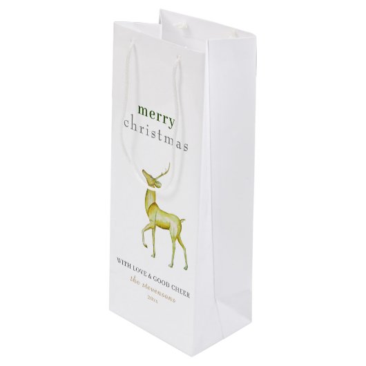 Minimalistisch Vrolijk Kerstmis Goud Rendier Wijn Cadeautas (Voorkant Gekanteld)