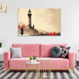 Minimalistisch vuurtorencanvas met rode accenten canvas afdruk