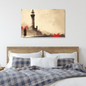 Minimalistisch vuurtorencanvas met rode accenten canvas afdruk (Insitu (Slaapkamer))